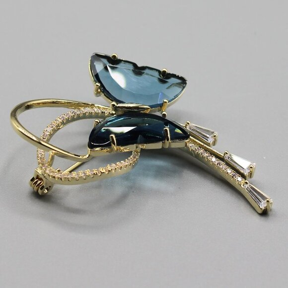 Butterfly pin brooch jewelry blue gold crystal - Picture 8 of 12